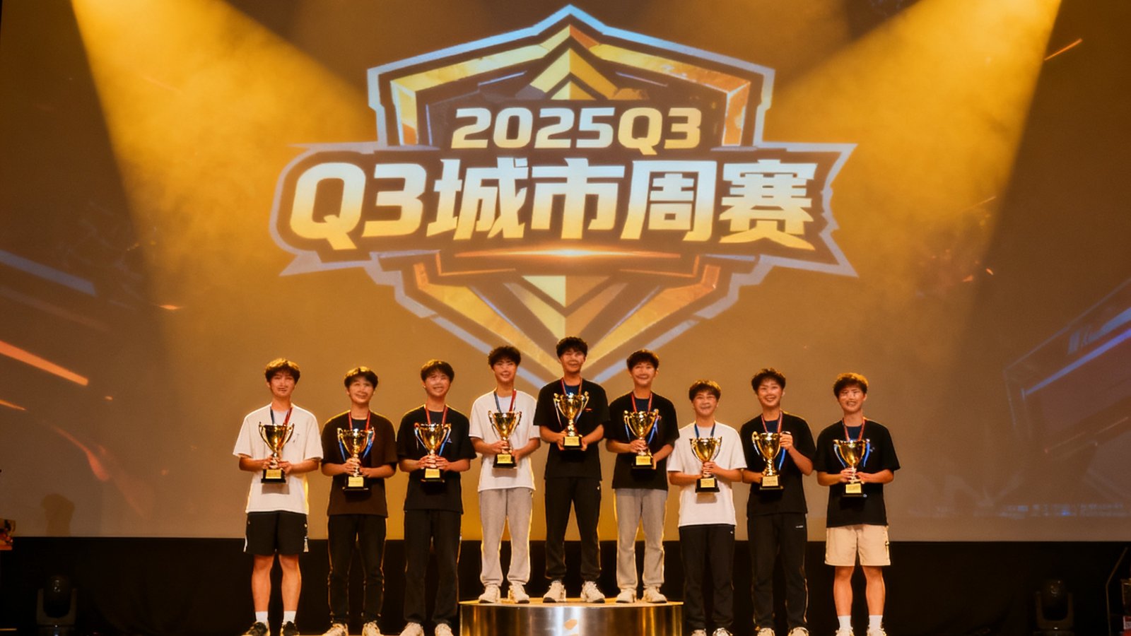 2025年Q3城市周赛颁奖典礼现场，获奖选手们站在领奖台上手捧奖杯，背景是巨大的赛事Logo投影