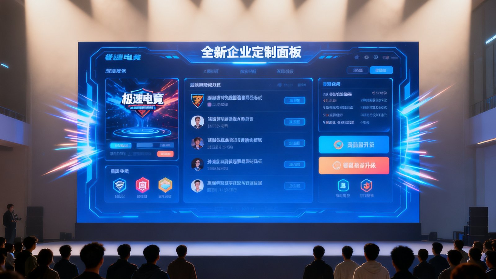 极速电竞企业团建赛事服务升级发布会现场，大屏幕上展示着全新的企业定制面板界面