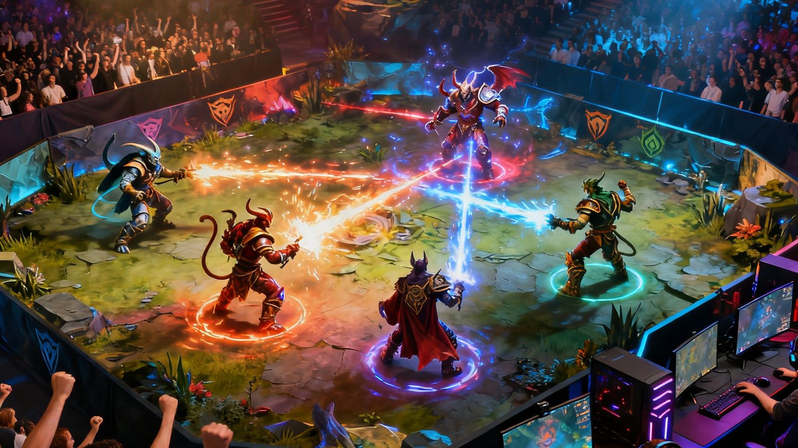 DOTA2社区锦标赛中一场精彩的五人团战，画面中英雄技能特效绚丽，观众席爆发出热烈欢呼