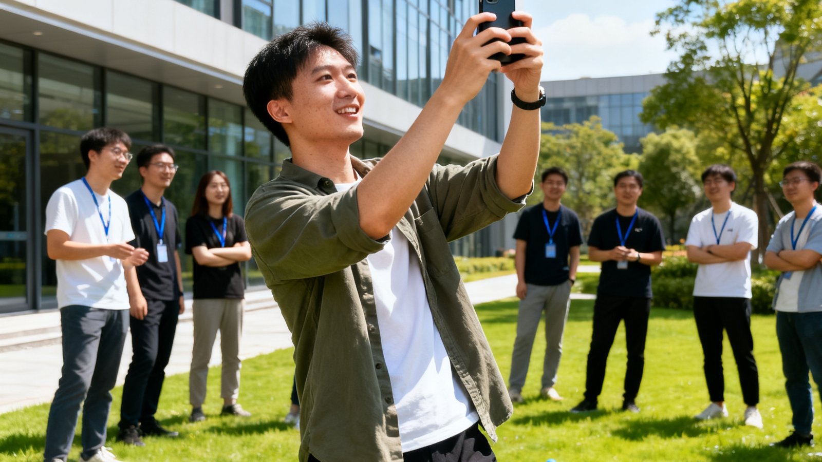 某互联网公司员工在办公楼下草坪上举着手机参与王者荣耀团建赛，阳光明媚，氛围轻松愉快